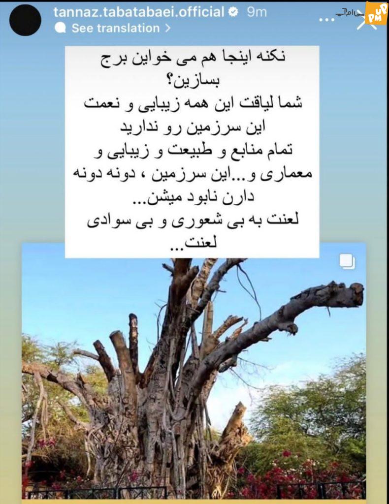 انتقاد تند طناز طباطبایی به خشک شدن درخت کهنسال در جزیره کیش!/ویدئو